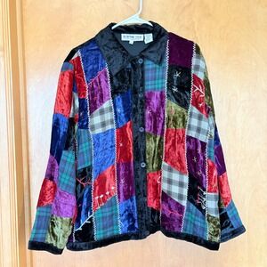 Bedford Fair Patchwork‎ Velvet Plaid Button Down Jacket Women's L Colorful